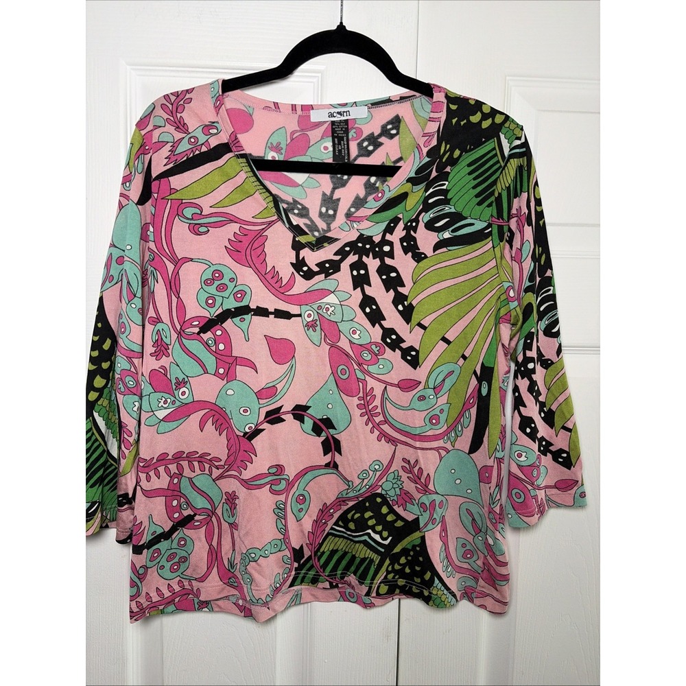 Acorn Abstract Psychedelic Print Top Womens Size XL Pink Silk Cotton V-Neck Y2K